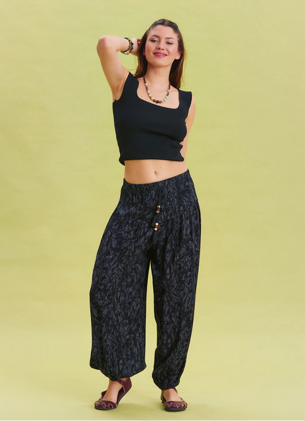 Elastic Waist Lace Detailed Anthracite Viscose Trousers 4539